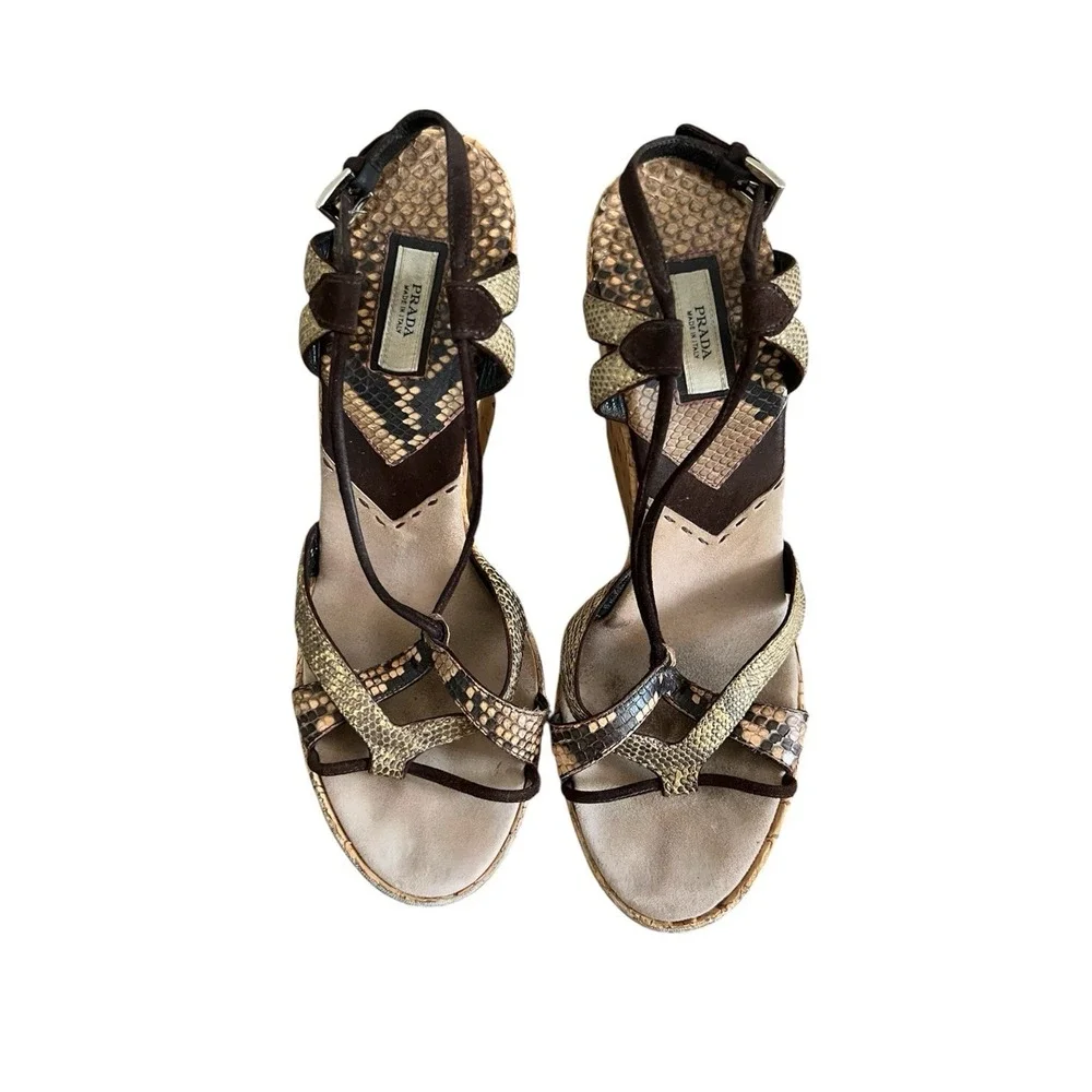 Prada Y2K Snake Print Strappy Sandals Cork Wedge Sz 38.5 Boho Contemporary